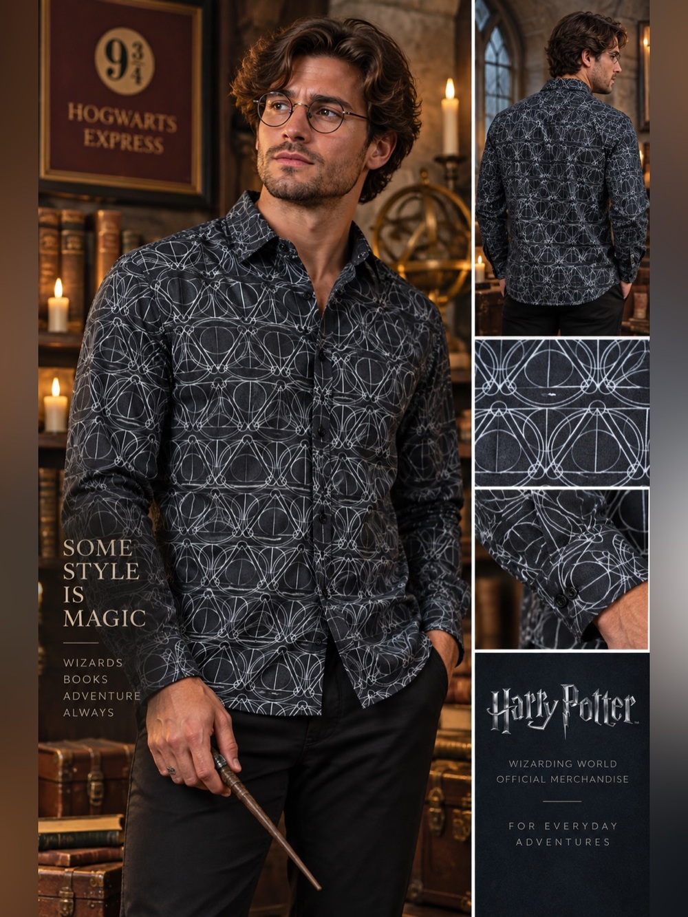 Harry Potter Wizarding World  XL Deathly Hallows Button-Up Shirt 100% Cotton